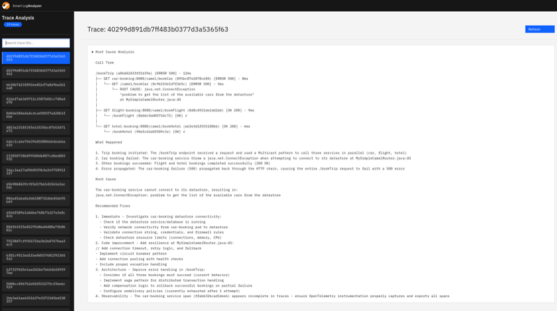 UI Console showing LLM analysis results